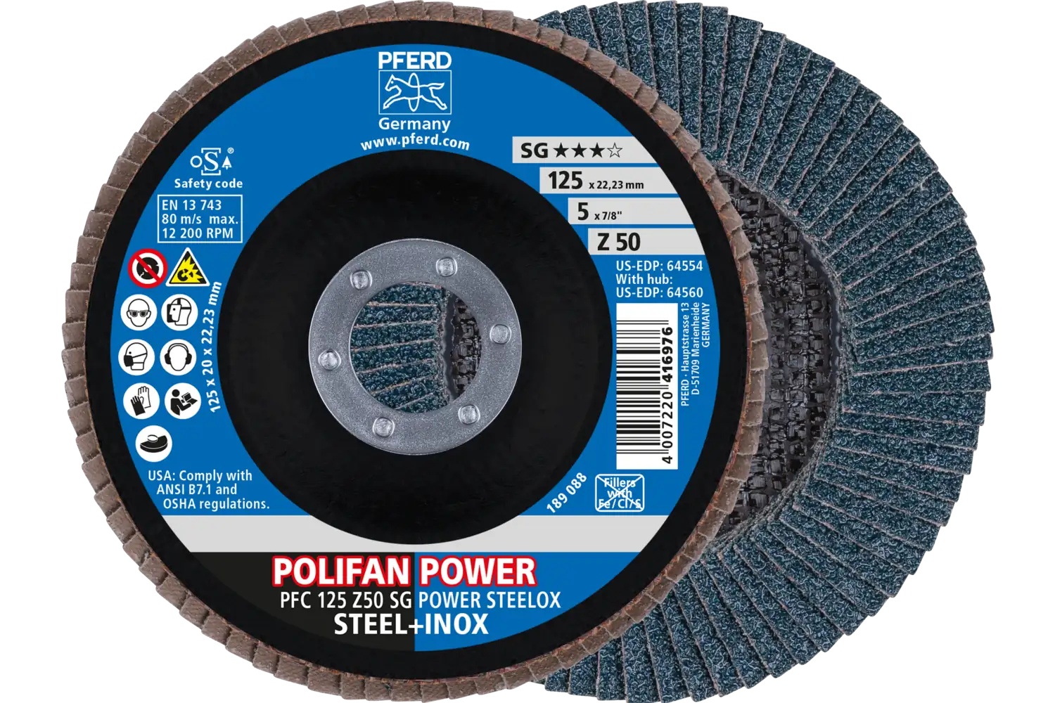 Picture of Pferd Flap Disc, 5" x 7/8, Z SG Power Steelox, 50 Grit, T29, Conical, Zirconia